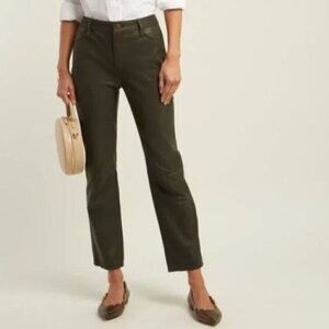 NWT Anthropologie Green Black High Rise Straight Leg Lamb Leather Pants Size 25